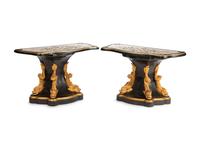 A Pair of Italian Empire Style Parcel-Gilt and Inlaid Marble Consoles