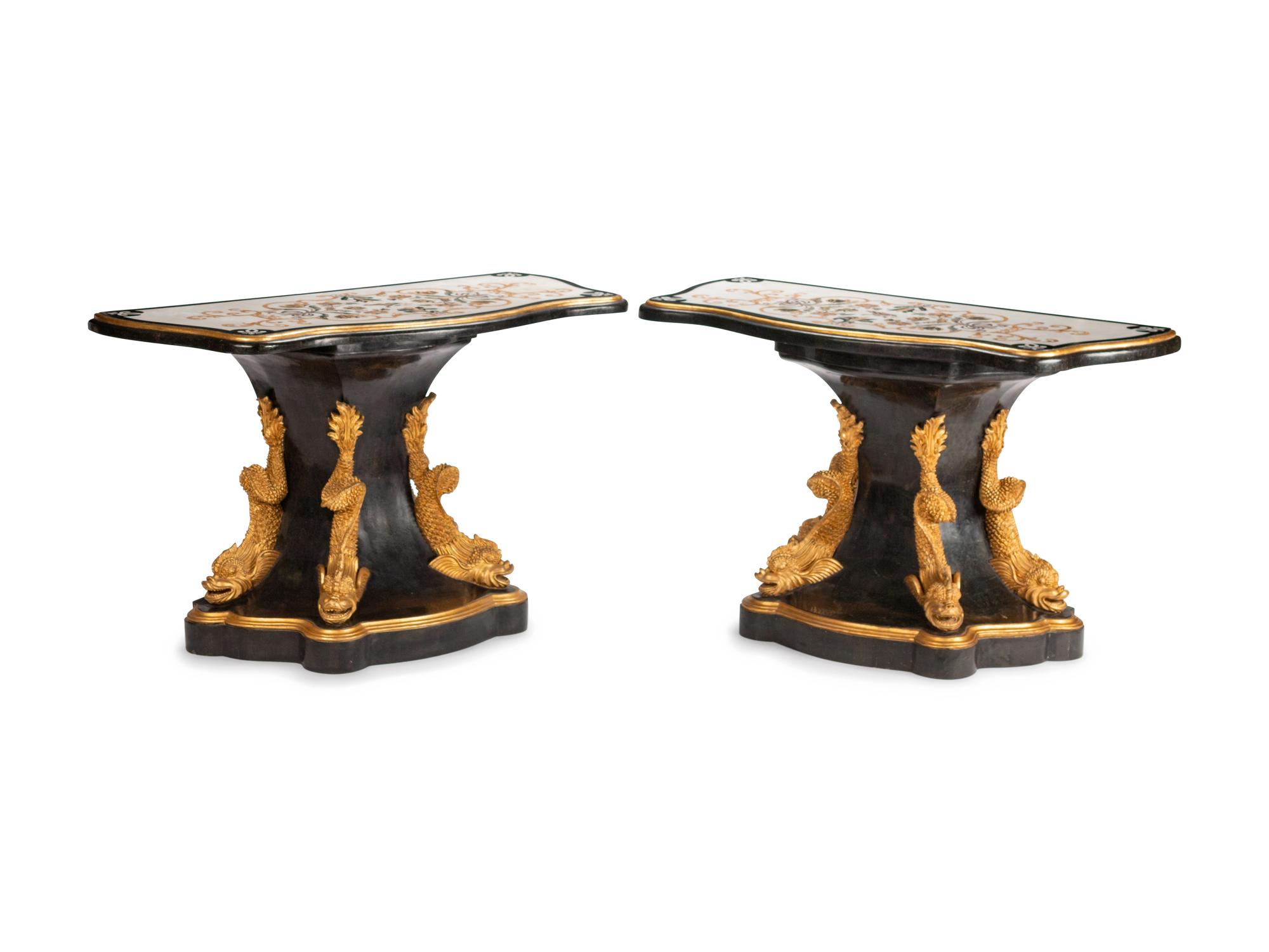 A Pair of Italian Empire Style Parcel-Gilt and Inlaid Marble Consoles