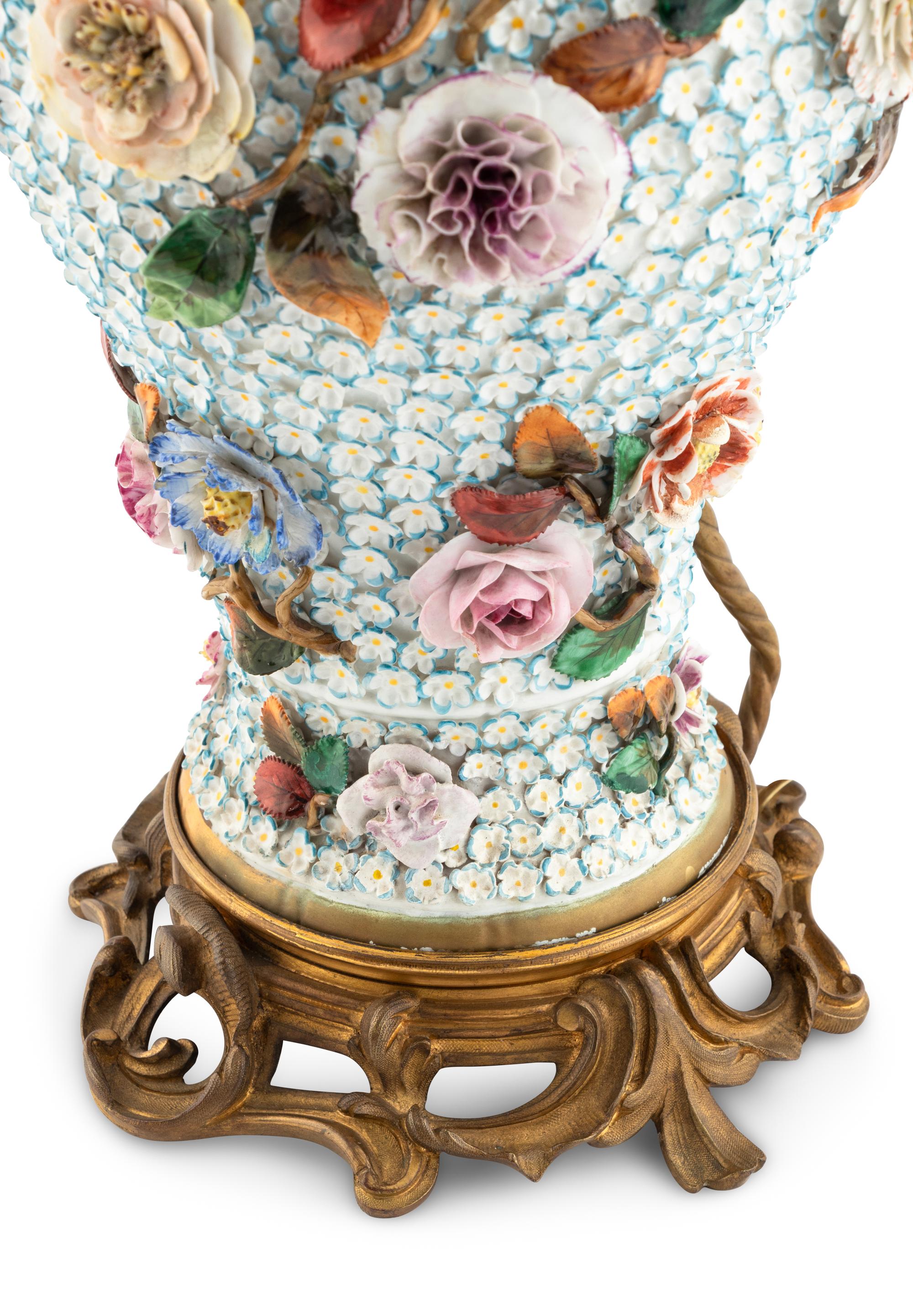 A Meissen Porcelain Schneeballen Covered Vase Mounted as a Lamp