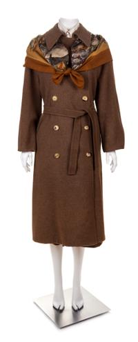 An Hermès Vintage Brown Wool Cashmere and Silk Reversible Coat and Skirt Ensemble, Coat size medium; Skirt size 40; Blouse size 44; Sca