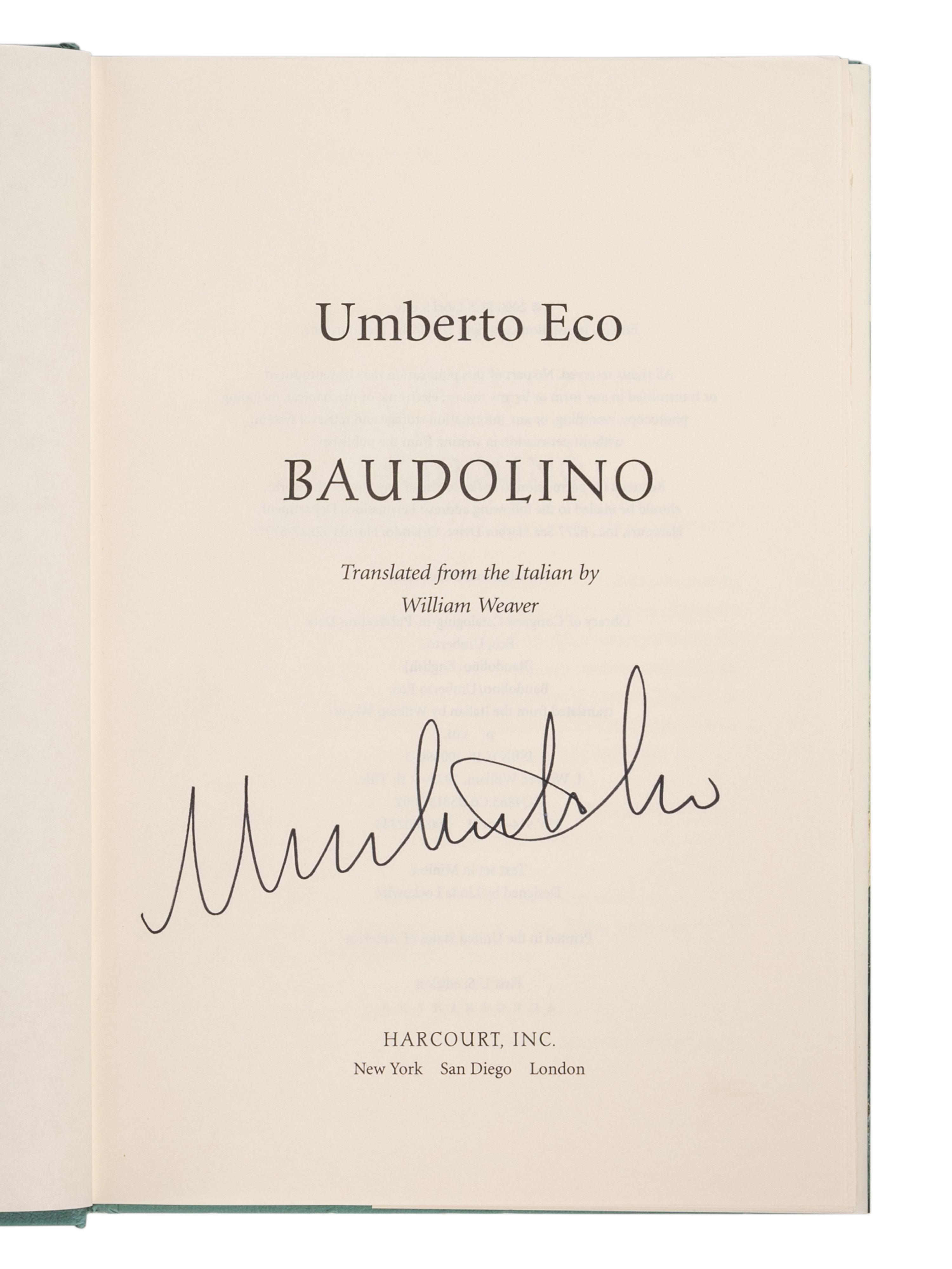 ECO, Umberto (1932-2016). A group of 6 works by Eco’s, MOST FIRST AMERICAN EDITIONS, comprising: