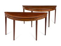 A Pair of George IV Mahogany and Satinwood Demilune Console Tables