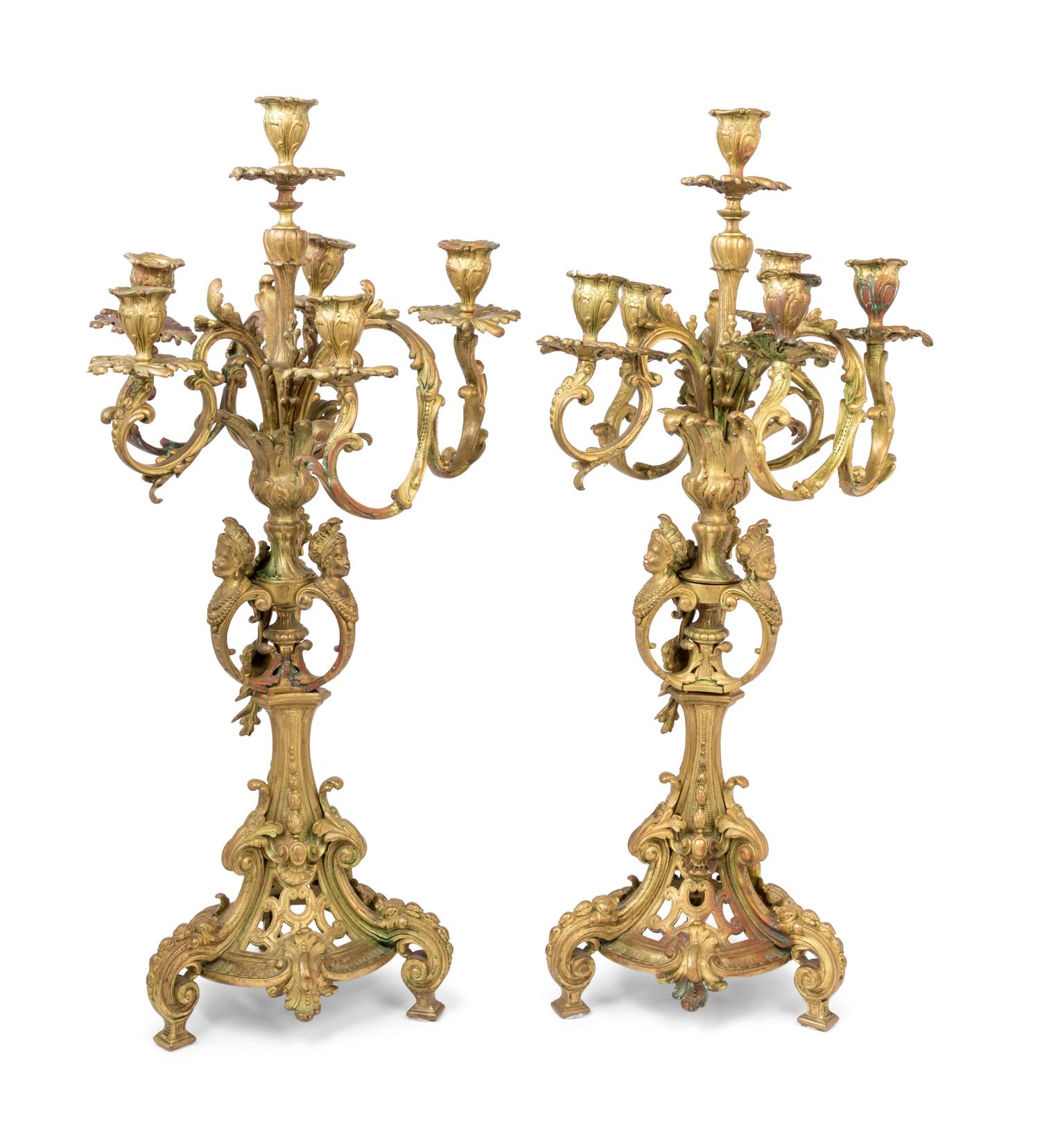 A Pair of French Gilt Bronze Six-Light Candelabra
