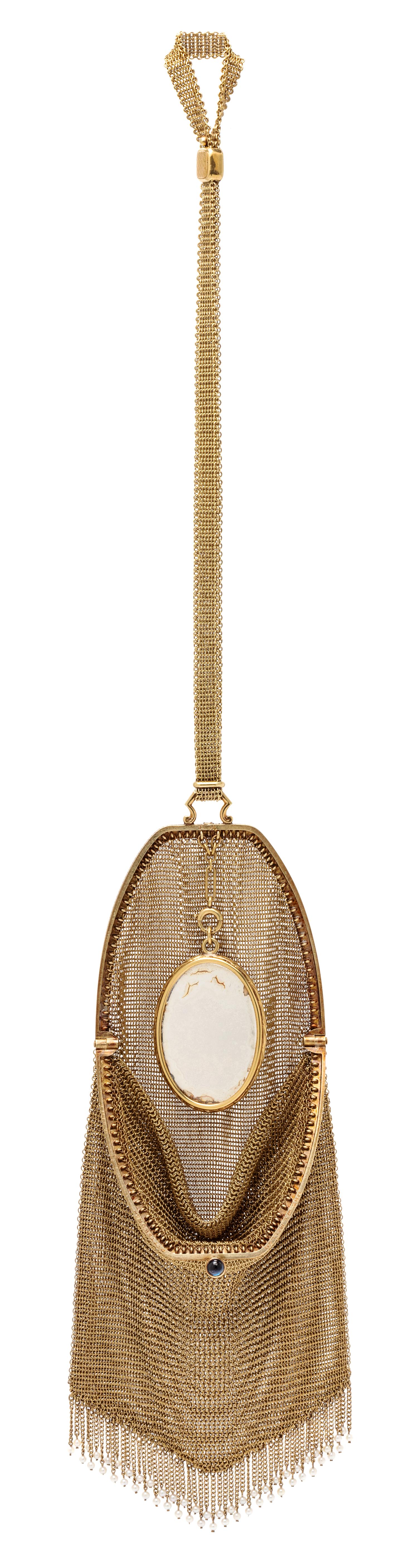 An Edwardian 14 Karat Yellow Gold, Sapphire and Seed Pearl Mesh Purse, 65.90 dwts.