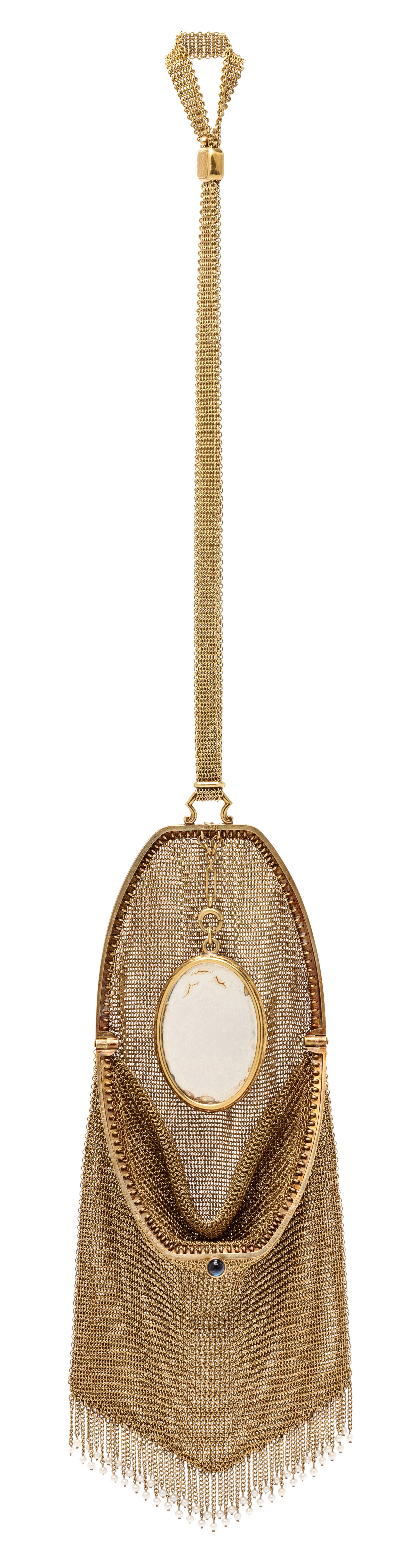 An Edwardian 14 Karat Yellow Gold, Sapphire and Seed Pearl Mesh Purse, 65.90 dwts.