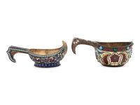 Two Russian Enameled Silver Kovshi