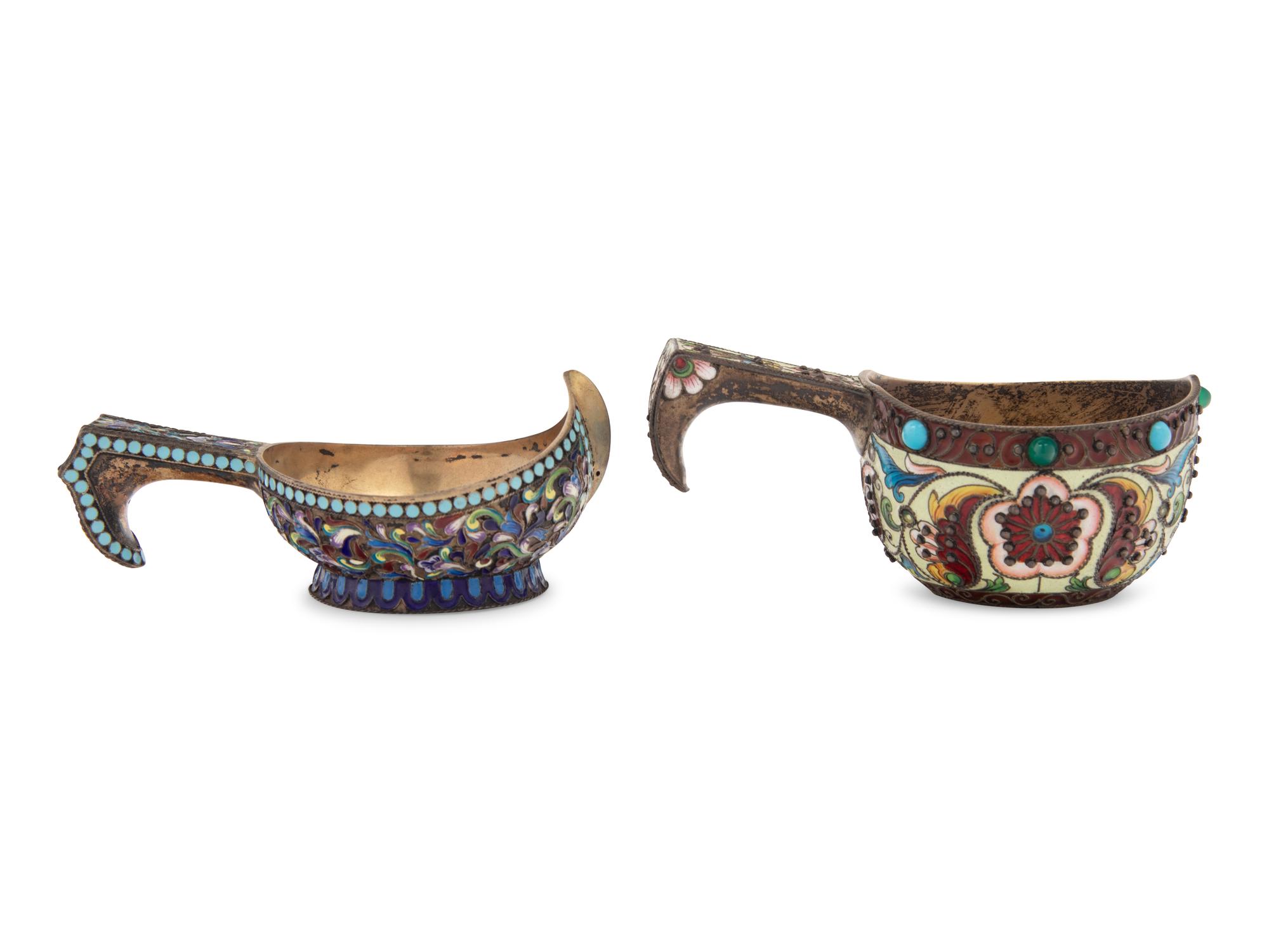 Two Russian Enameled Silver Kovshi