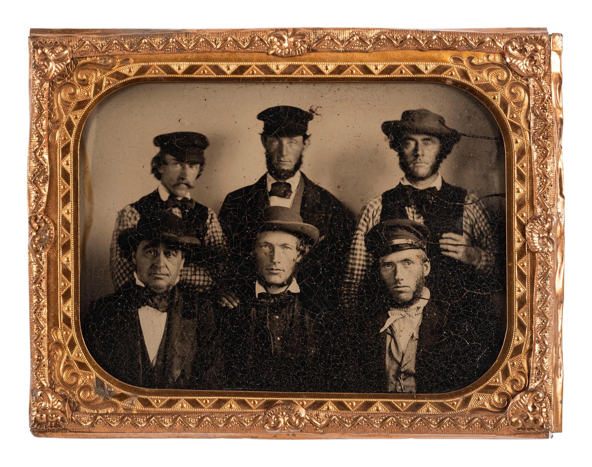 [LINCOLNIANA]. Quarter plate ambrotype of Hannibal Hamlin with five unidentified men. POSSIBLY ONE OF THE EARLIEST KNOWN PHOTOGRAPHS OF LINCOLN'S FIRST VICE PRESIDENT.