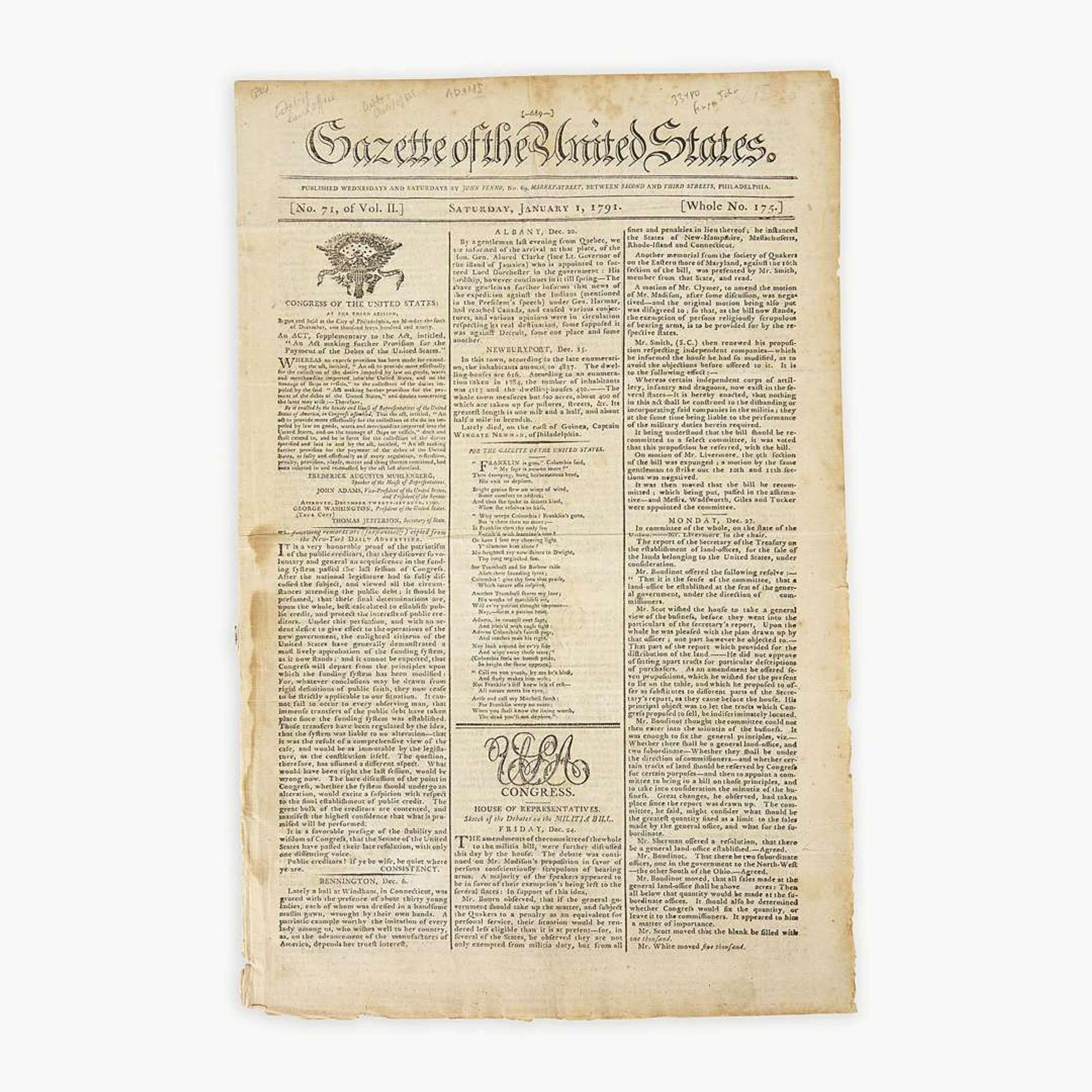 [Hamilton, Alexander] [Public Credit, etc.] Group of 3 Issues of the Gazette of the United States