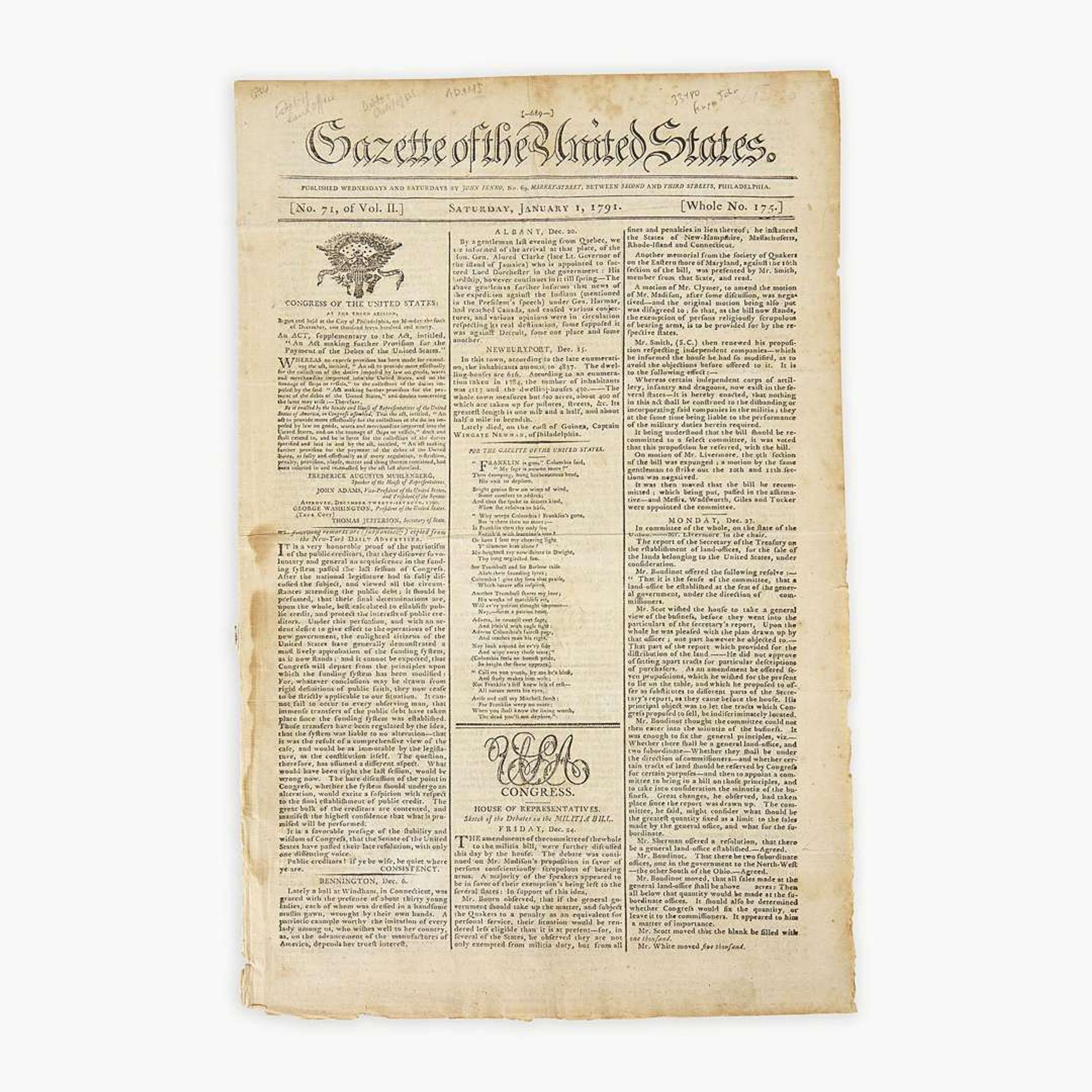 [Hamilton, Alexander] [Public Credit, etc.] Group of 3 Issues of the Gazette of the United States