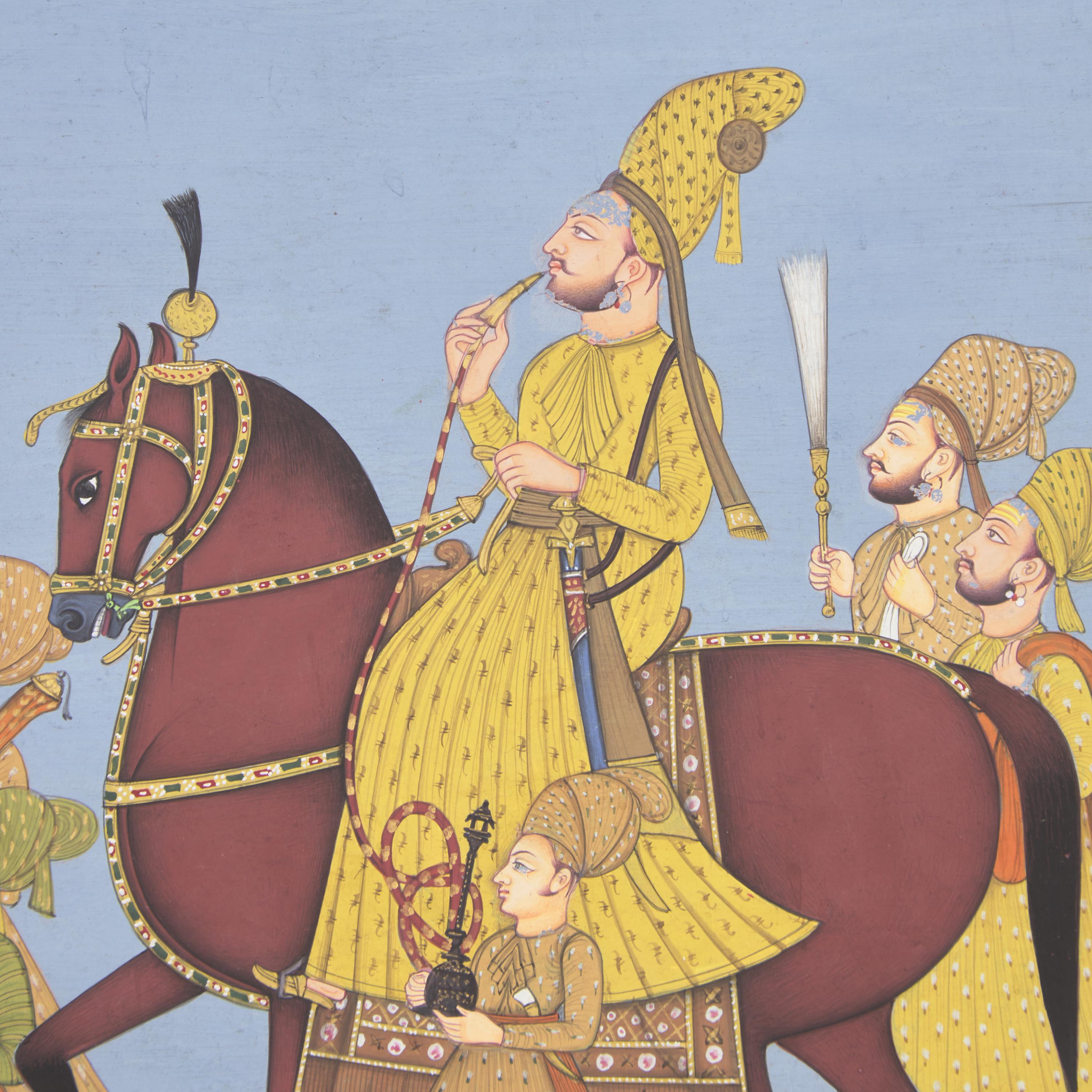 A Painting of a Marwari Equestrian Nobleman Smoking a Hookah Flanked by Five Pleated-Skirt Attendants, Jodhpur School, 20th Century