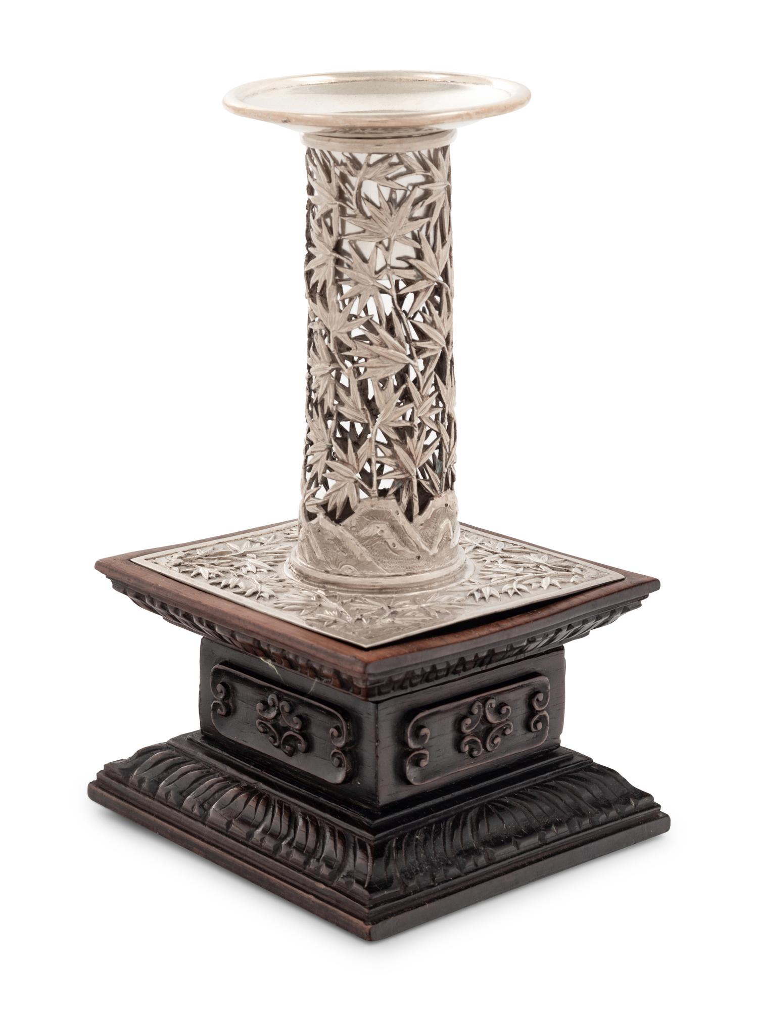 A Chinese Export Silver 'Bamboo' Candle Holder