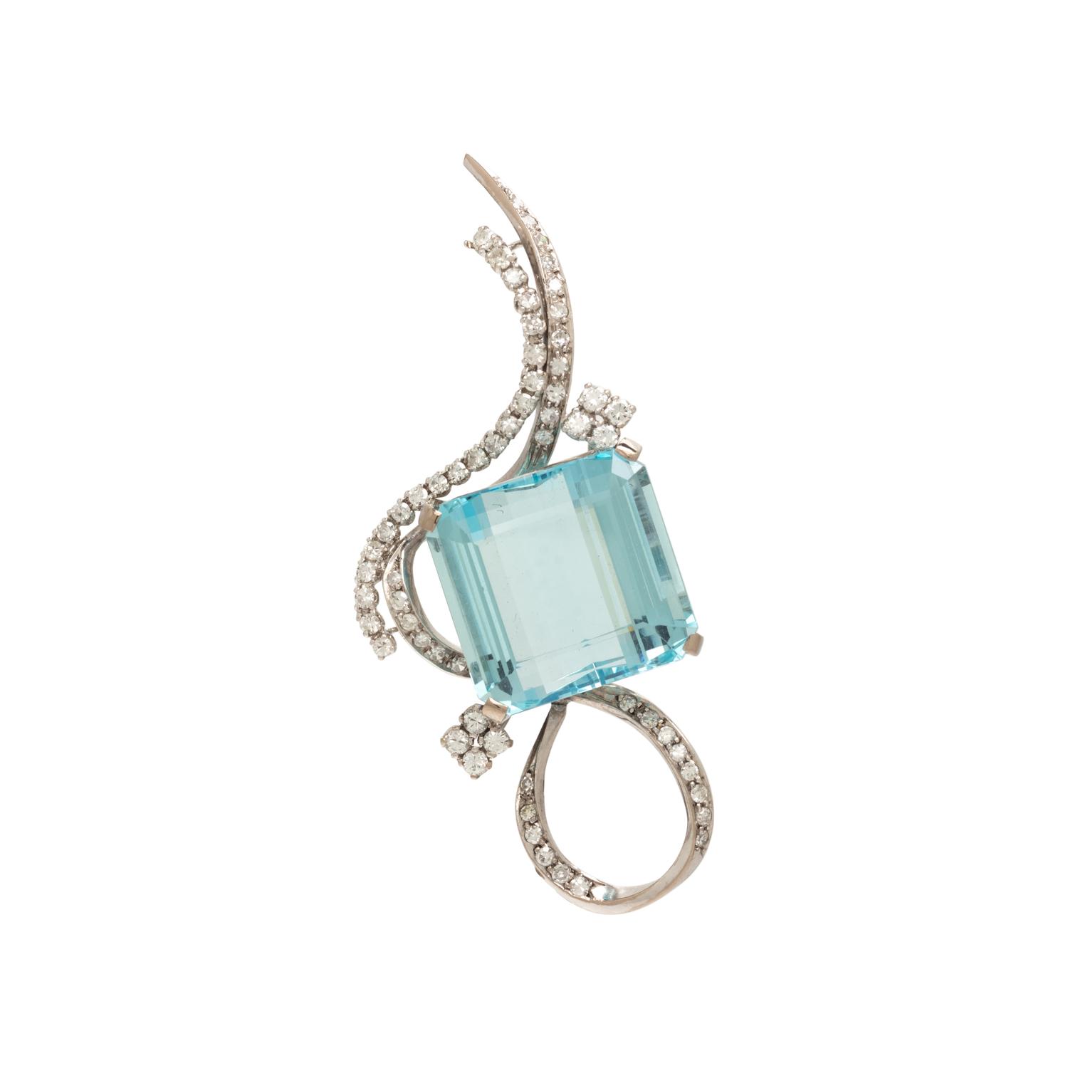 AQUAMARINE AND DIAMOND SPRAY BROOCH