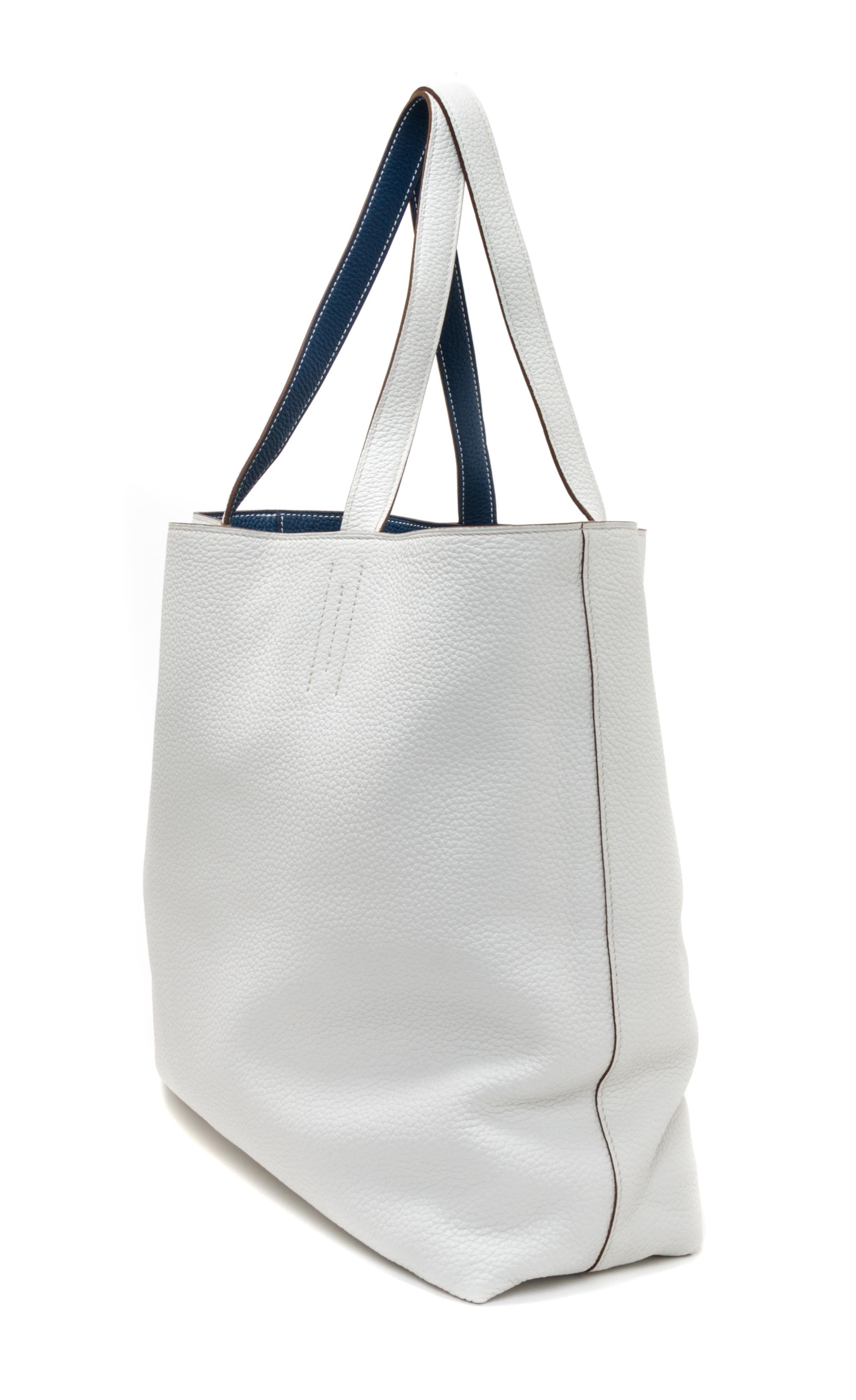 An Hermes Blanc/Bleu 45cm Taurillon Clemence Double Sens Tote, 17.5" x 15.5" x 5".