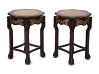 A Pair of Chinese Marble Inset and Parcel-Gilt Hardwood Stands