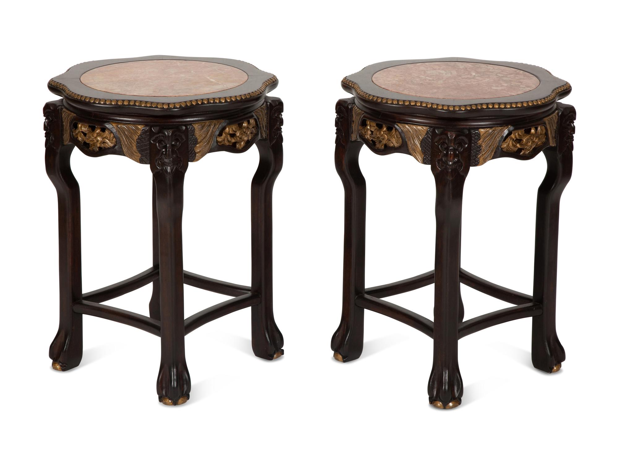 A Pair of Chinese Marble Inset and Parcel-Gilt Hardwood Stands