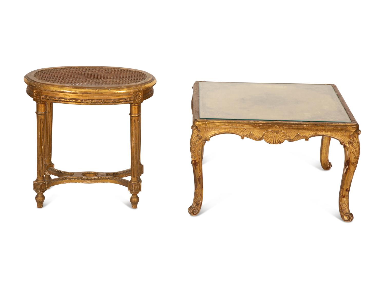 A Louis XVI Style Cane-Top Oval Table and a Louis XV Style Giltwood Square Table