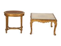 A Louis XVI Style Cane-Top Oval Table and a Louis XV Style Giltwood Square Table