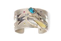 Southwest Style Silver Cuff Multi-Gem Bracelet by Andrew Alvarez Length 5 1/4 x opening 1 1/8 x width 1 3/8 inches