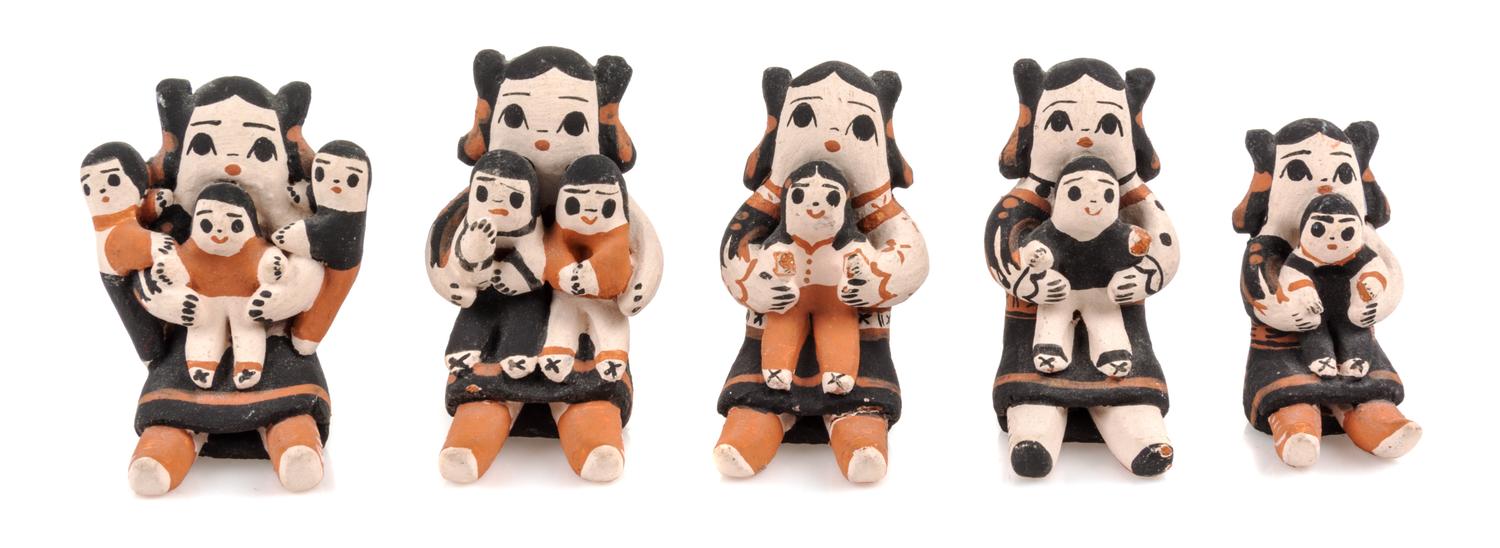 Five Pueblo Pottery Storyteller Figures Height of tallest 1 1/2 inches. — Dorothy Herrera, Cochiti, NM