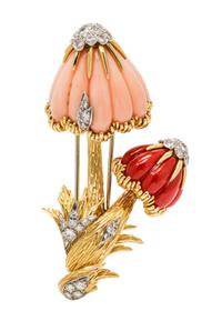 An 18 Karat Yellow Gold, Coral and Diamond Mushroom Brooch, Van Cleef and Arpels, 20.70 dwts.
