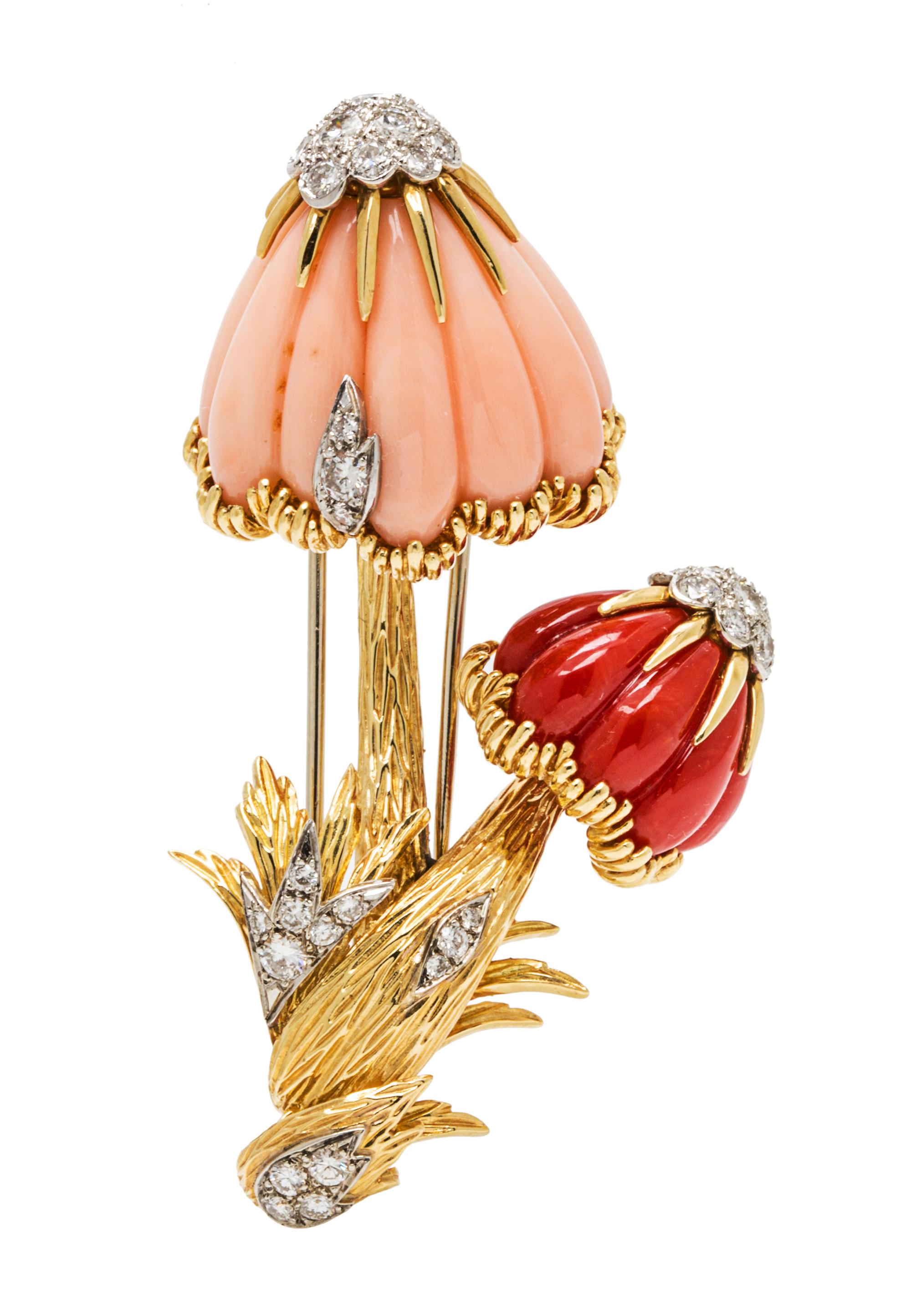 An 18 Karat Yellow Gold, Coral and Diamond Mushroom Brooch, Van Cleef and Arpels, 20.70 dwts.