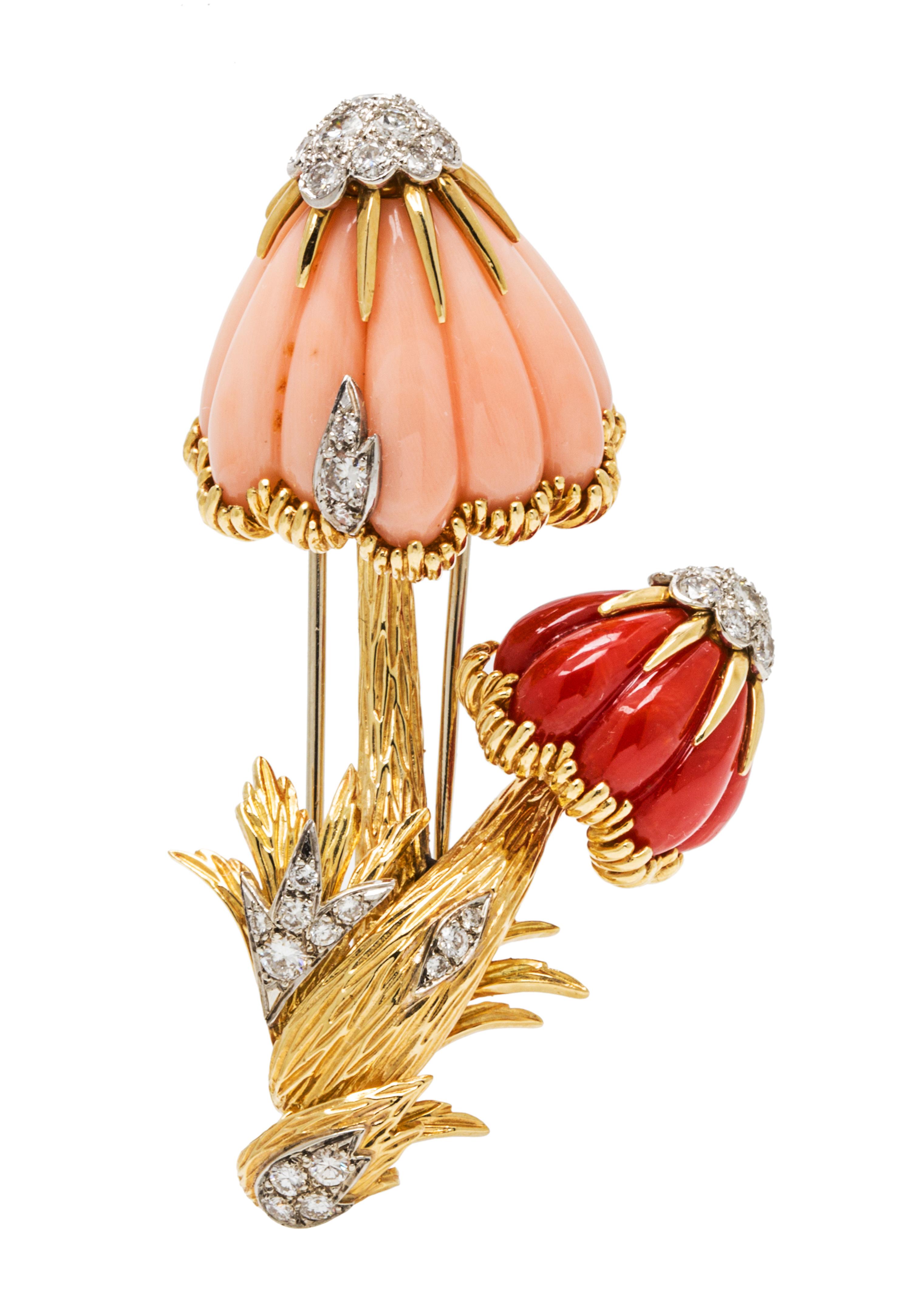 An 18 Karat Yellow Gold, Coral and Diamond Mushroom Brooch, Van Cleef and Arpels, 20.70 dwts.