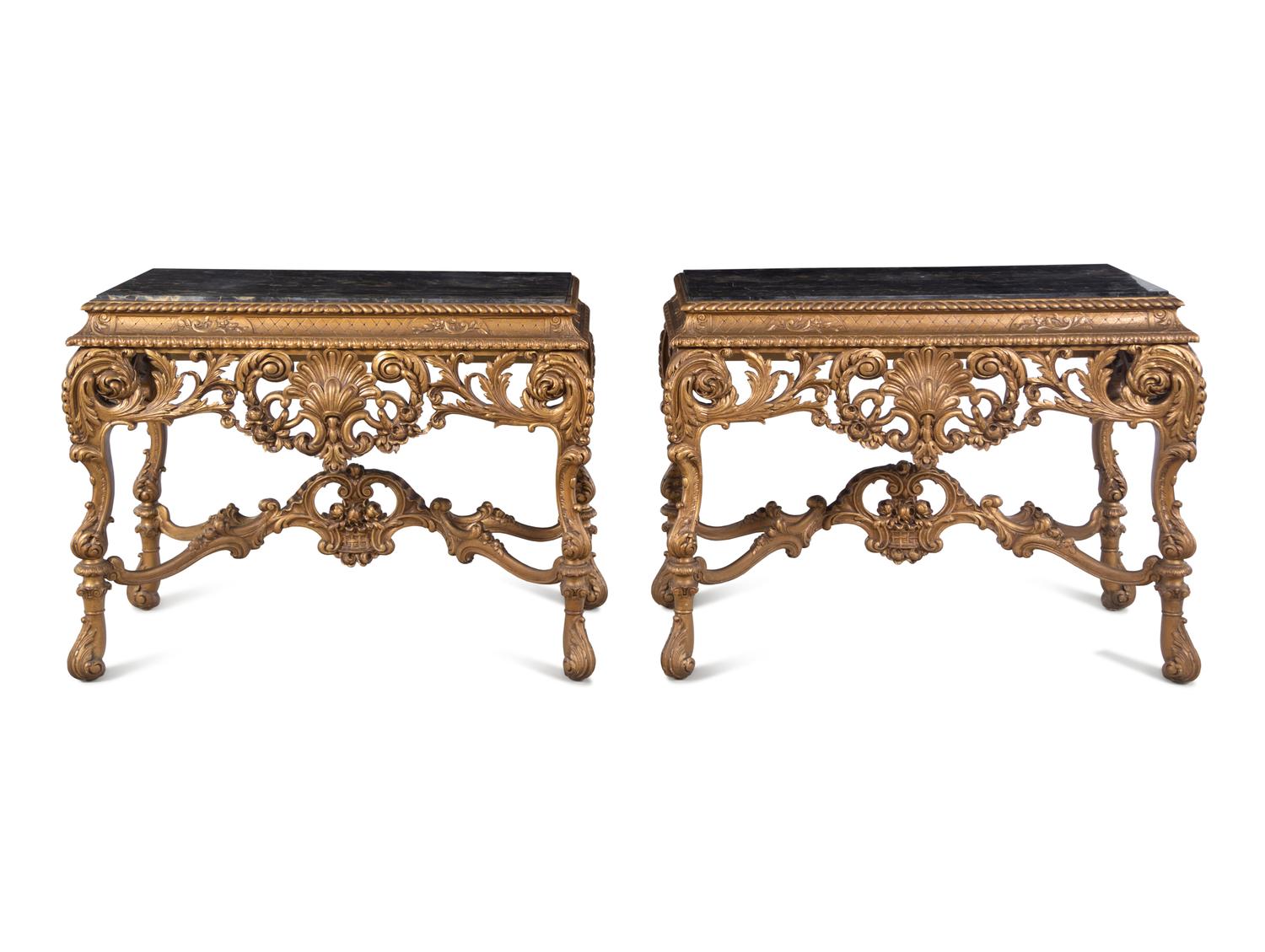 A Pair of Italian Baroque Style Giltwood Composition Marble-Top Console Tables