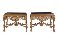 A Pair of Italian Baroque Style Giltwood Composition Marble-Top Console Tables