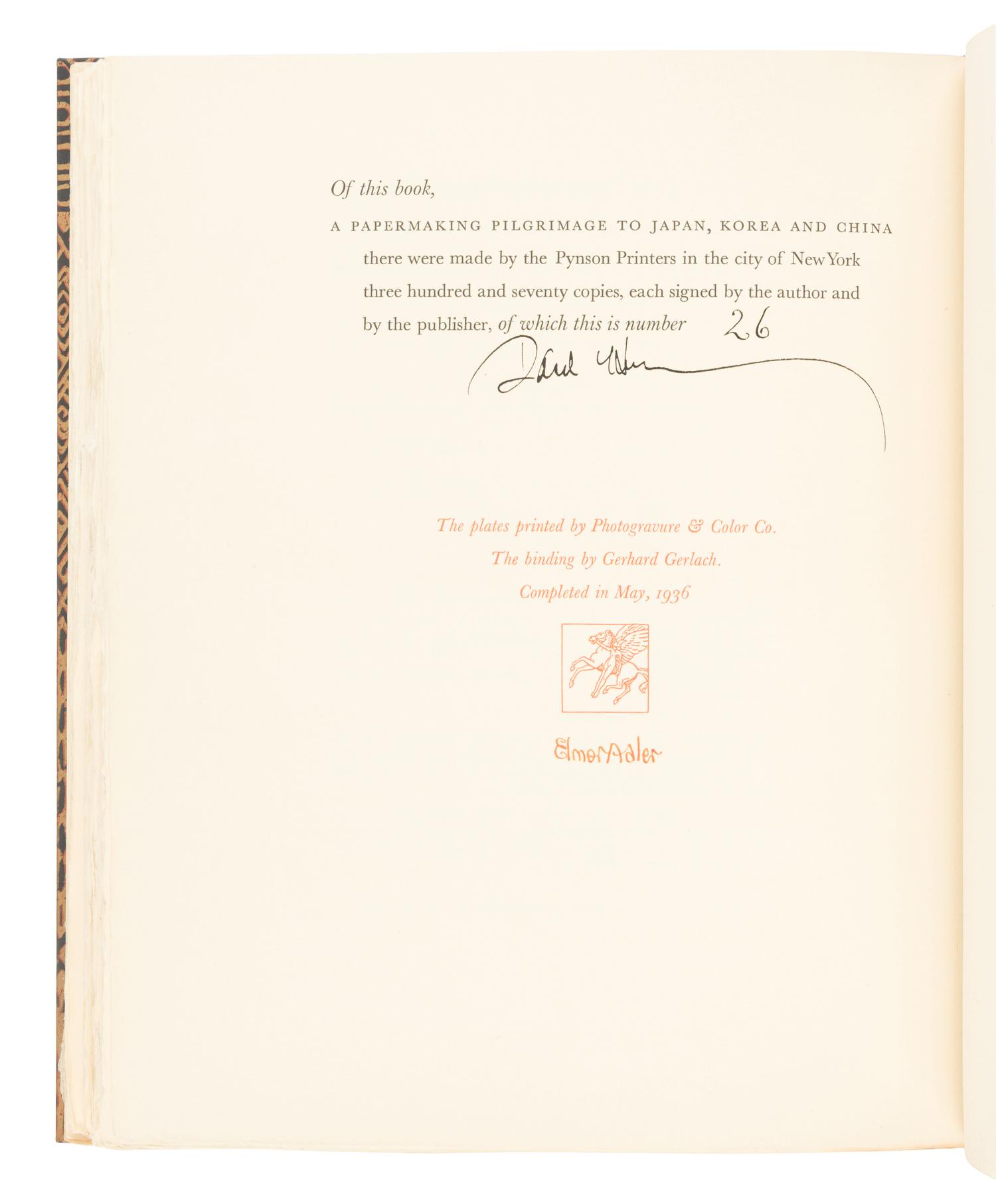 HUNTER, Dard (1883-1966). A Papermaking Pilgrimage to Japan, Korea and China . New York: Pynson Printers, 1936.