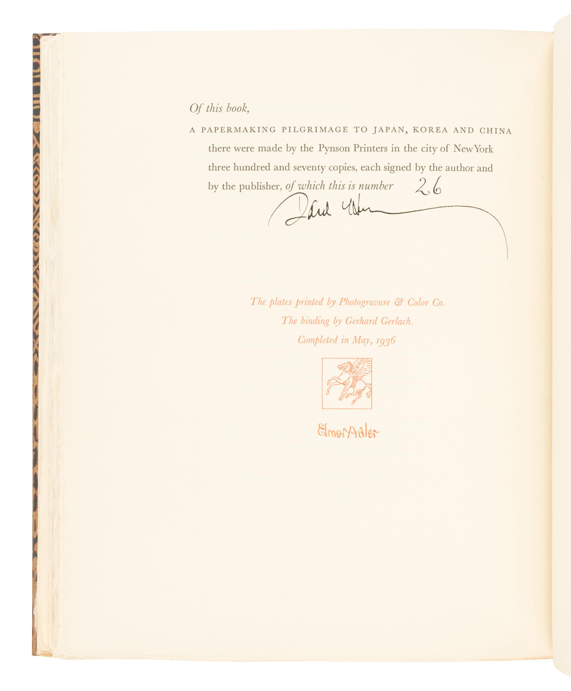HUNTER, Dard (1883-1966). A Papermaking Pilgrimage to Japan, Korea and China . New York: Pynson Printers, 1936.