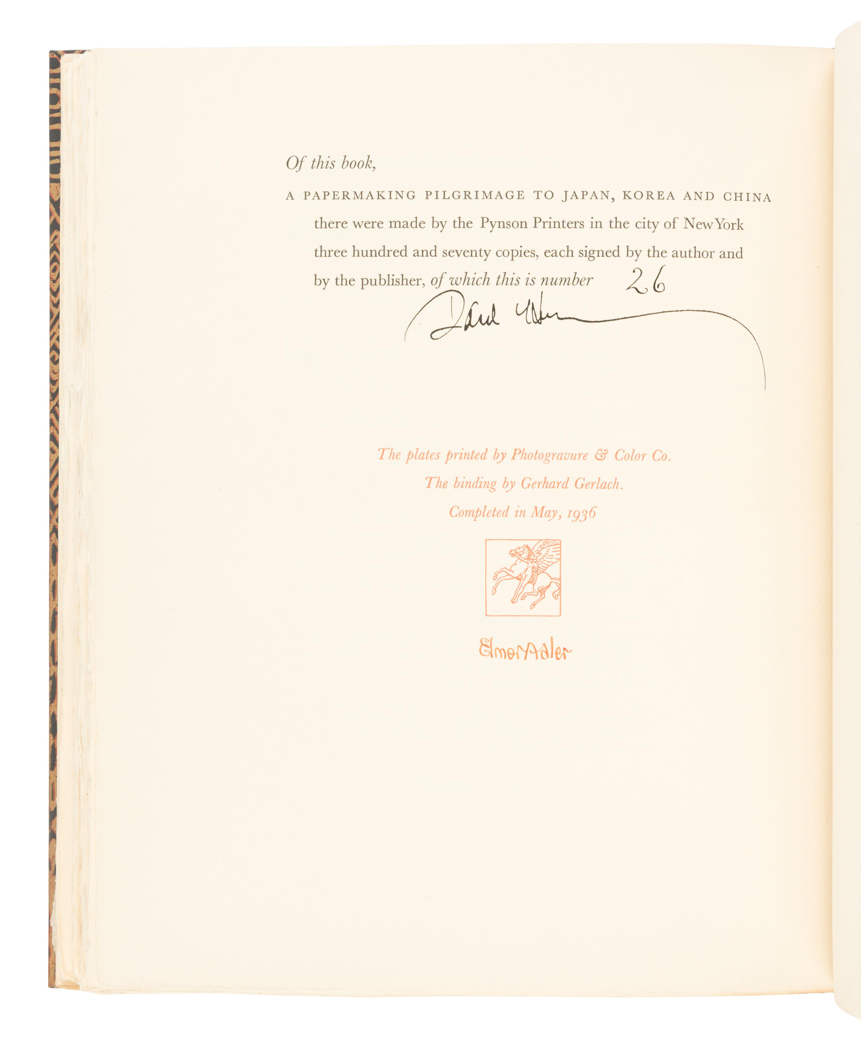 HUNTER, Dard (1883-1966). A Papermaking Pilgrimage to Japan, Korea and China . New York: Pynson Printers, 1936.