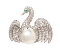 A Platinum, Cultured South Sea Pearl, Diamond and Emerald Swan Brooch, 11.55 dwts.