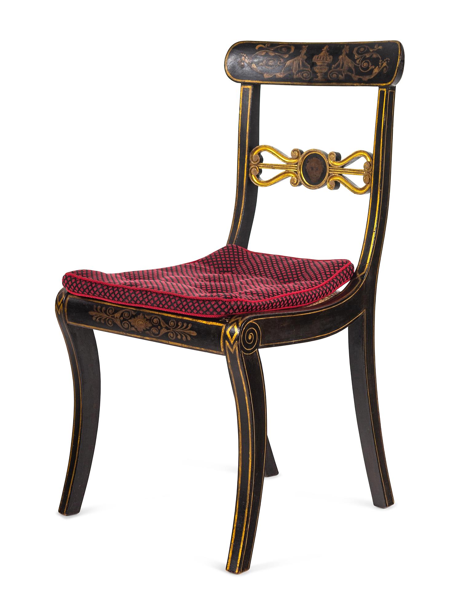 A Set of Eight Regency Black-Painted and Parcel-Gilt Dining Chairs