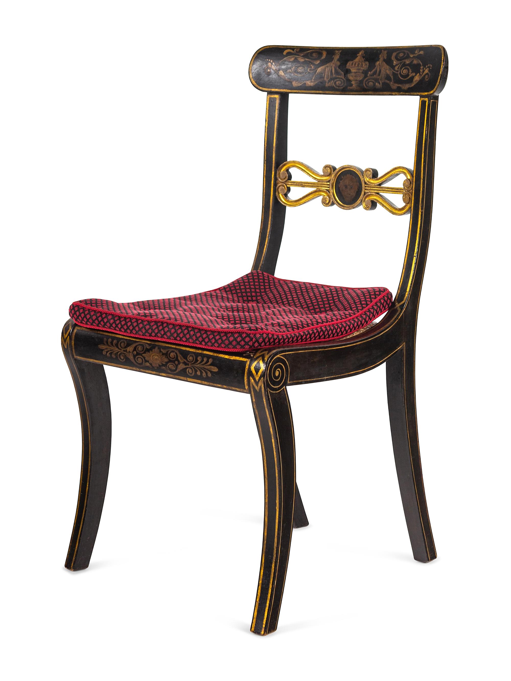 A Set of Eight Regency Black-Painted and Parcel-Gilt Dining Chairs