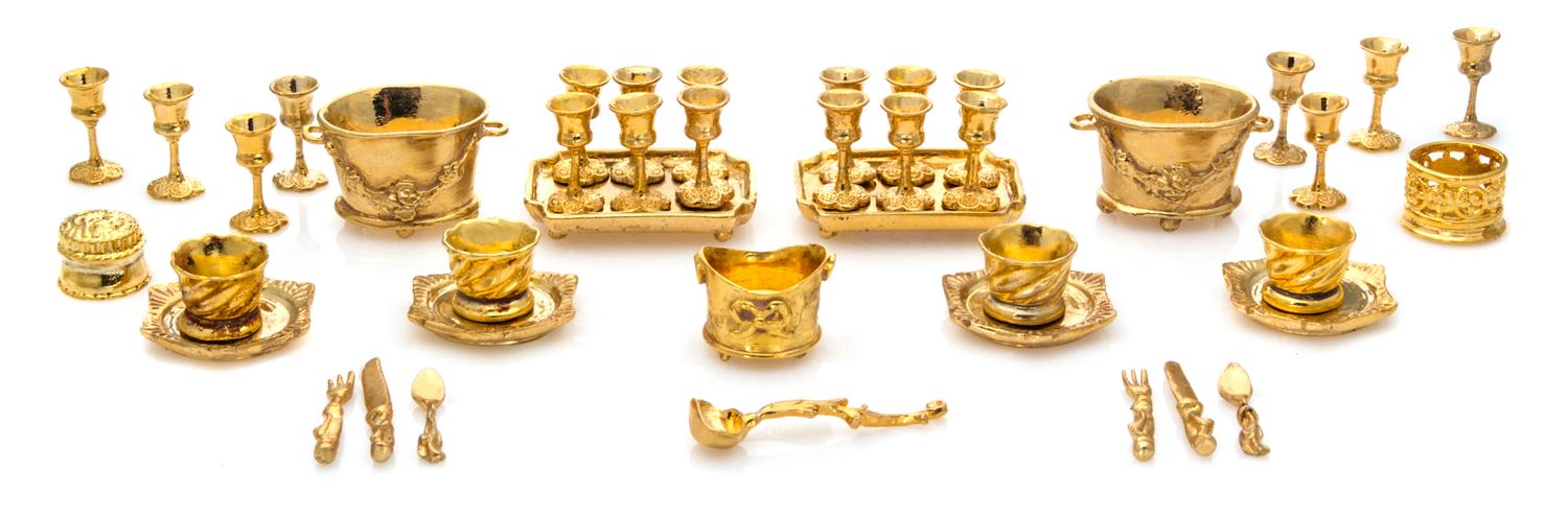 A Group of Gilt Bronze Table Articles, Eugene Kupjack, comprising a pair of urns; a pair of rectangular trays; a Louis XII style coaste