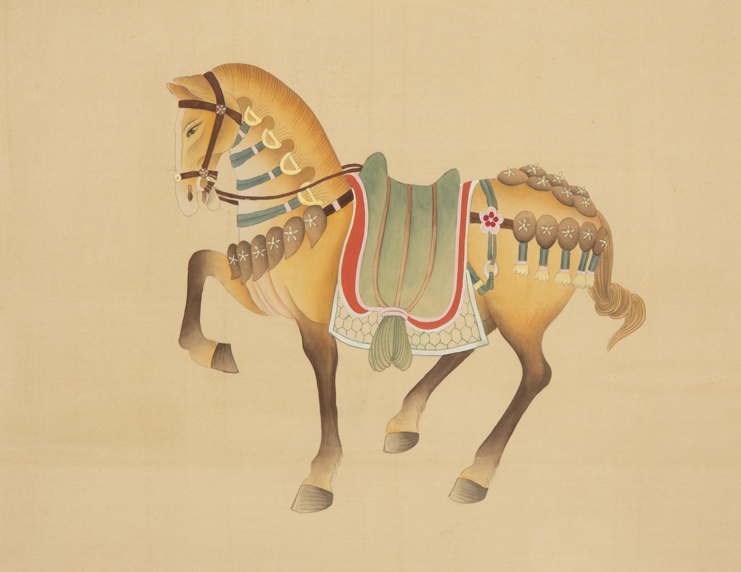 A Group of Four Chinese Gilt Framed Watercolors of Horses