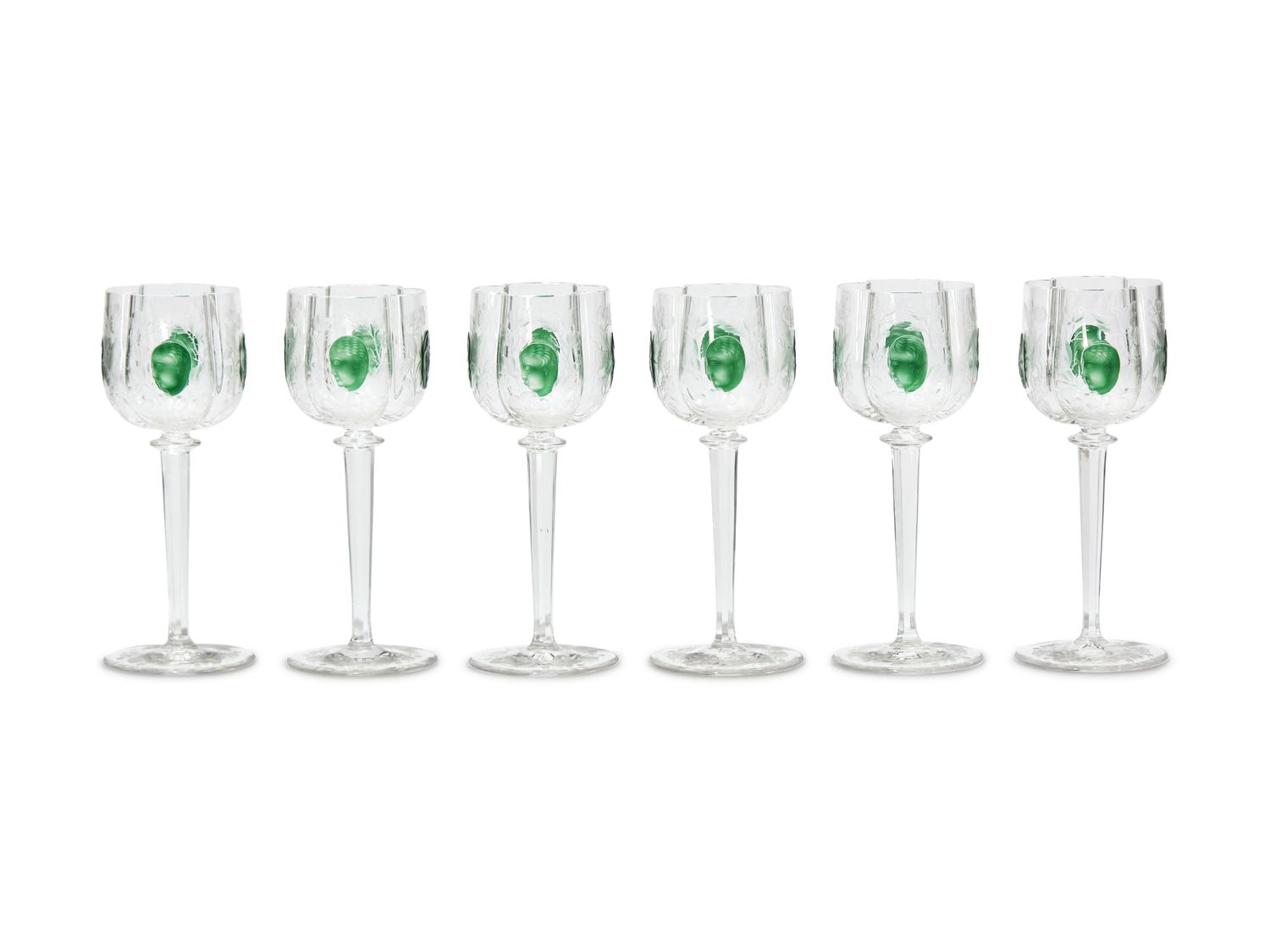 A Set of Six Rare Moser Cut and Etched Glass Wine Stems
