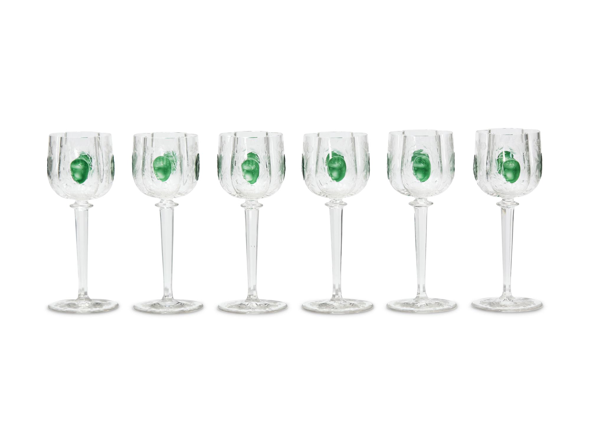 A Set of Six Rare Moser Cut and Etched Glass Wine Stems
