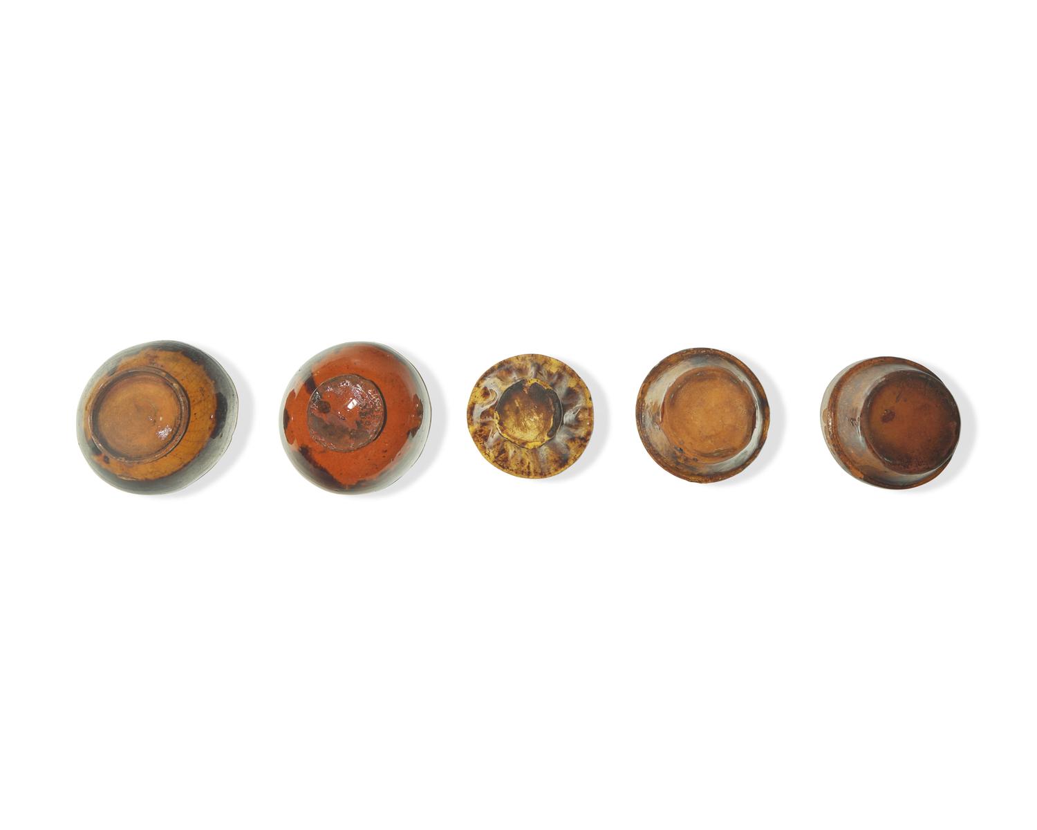 Three Glazed and Manganese Splashed Miniature Turk's Hat Redware Pudding Molds