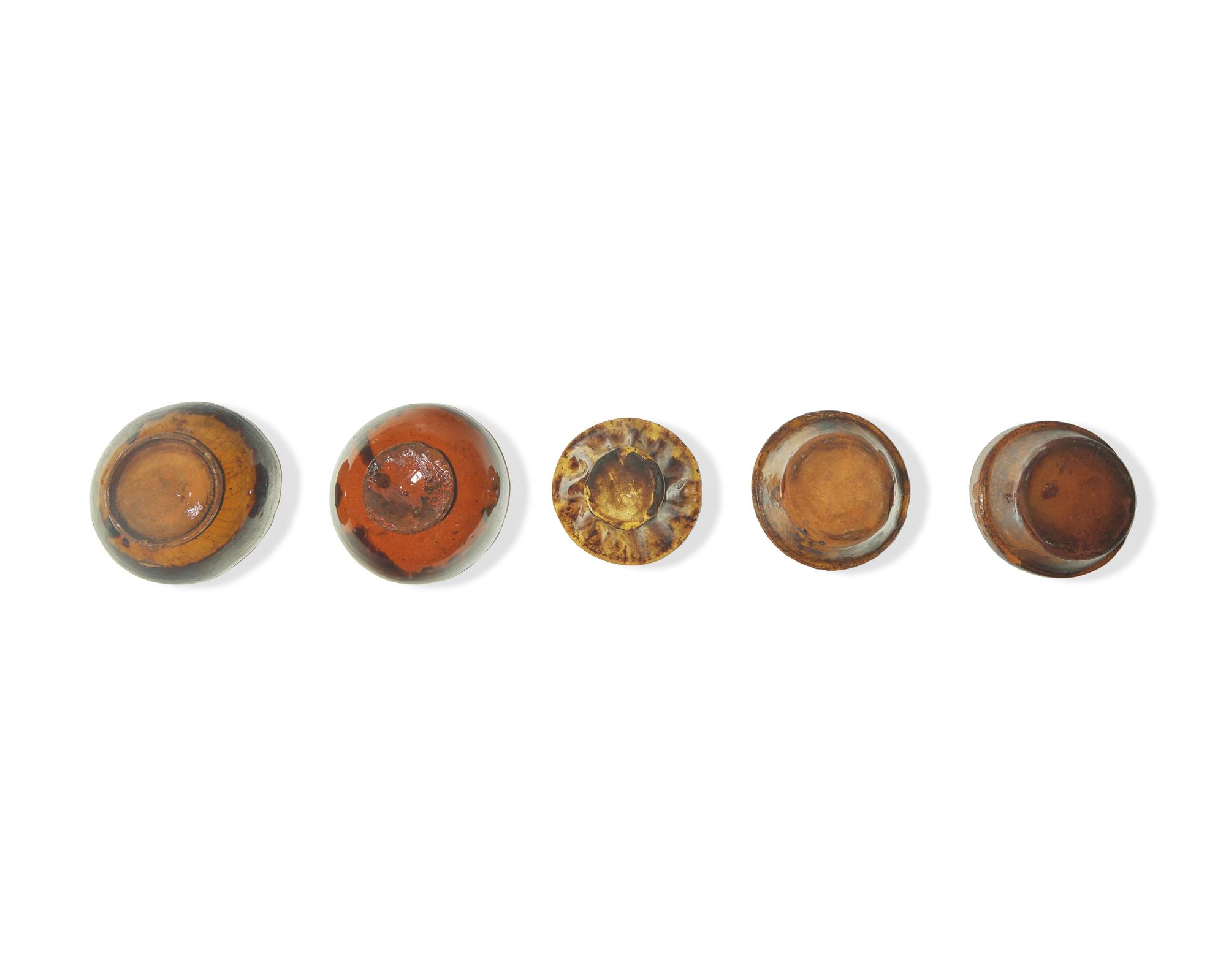 Three Glazed and Manganese Splashed Miniature Turk's Hat Redware Pudding Molds