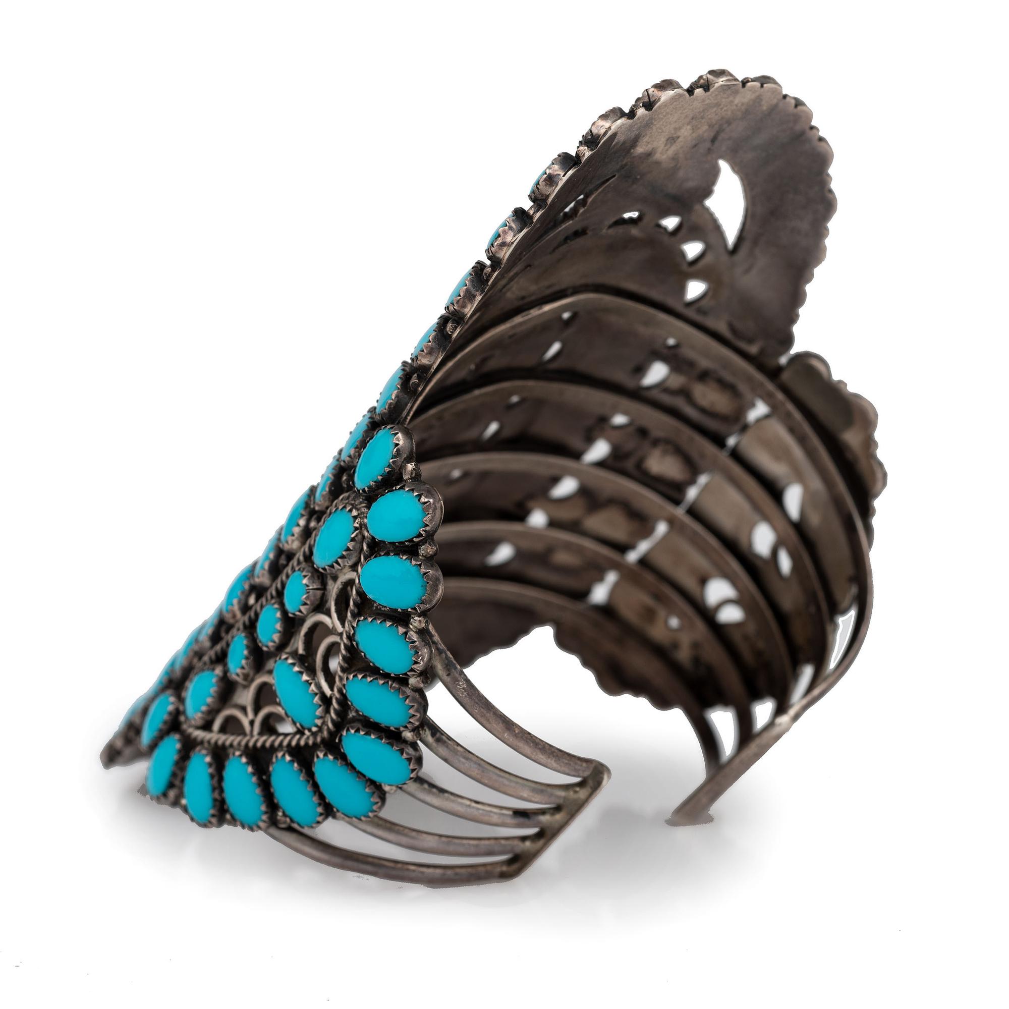 Large Sterling Silver and Turquoise Cluster Cuff Bracelet