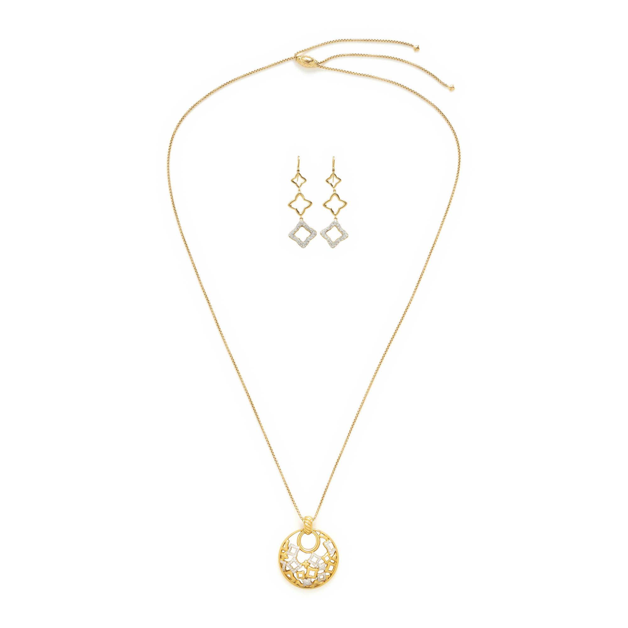 David Yurman, 'Quatrefoil', Yellow Gold and Diamond Pendant Necklace and Earrings