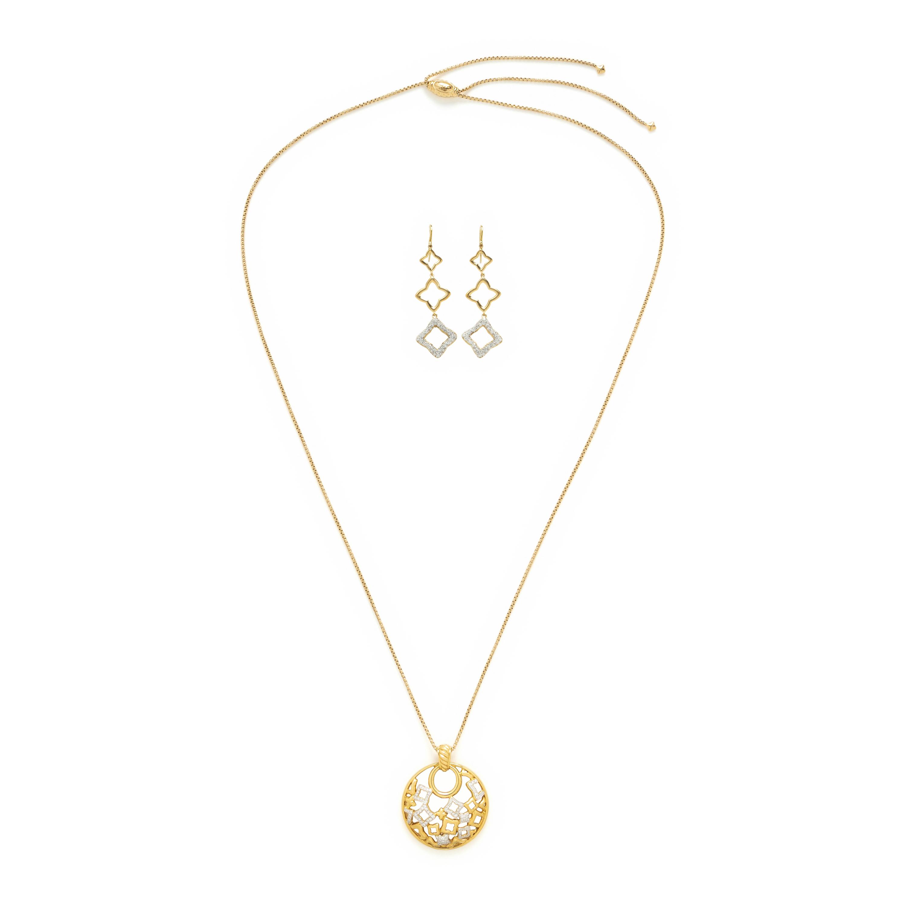 David Yurman, 'Quatrefoil', Yellow Gold and Diamond Pendant Necklace and Earrings