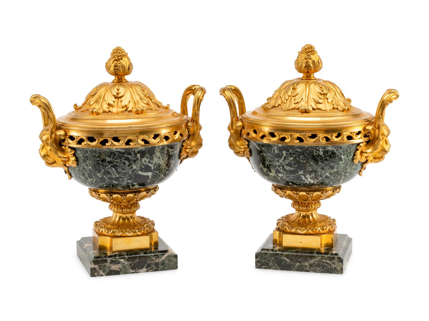 A Pair of Louis XVI Style Gilt Bronze Mounted Marble Potpourri Urns