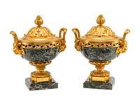 A Pair of Louis XVI Style Gilt Bronze Mounted Marble Potpourri Urns