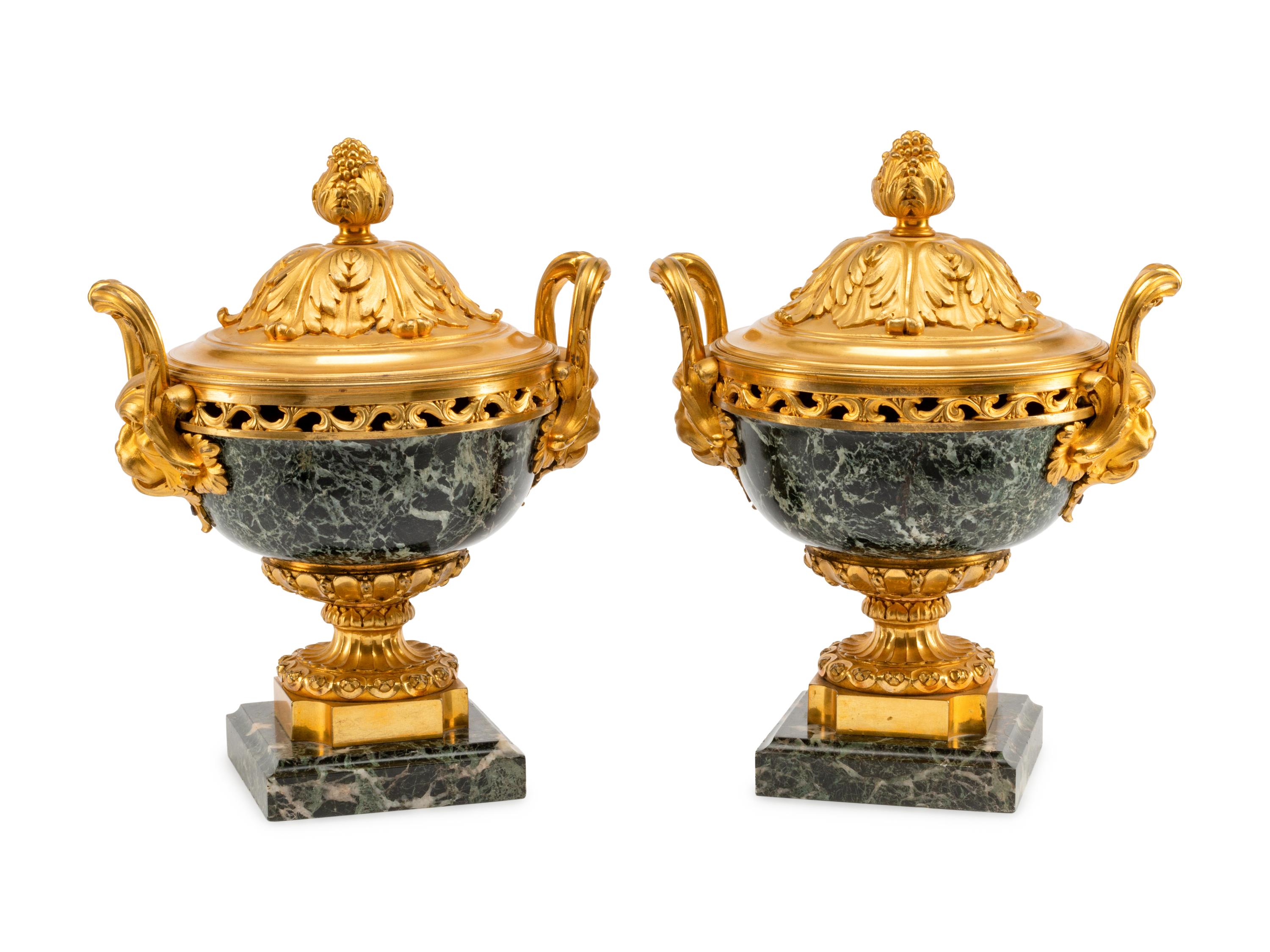 A Pair of Louis XVI Style Gilt Bronze Mounted Marble Potpourri Urns