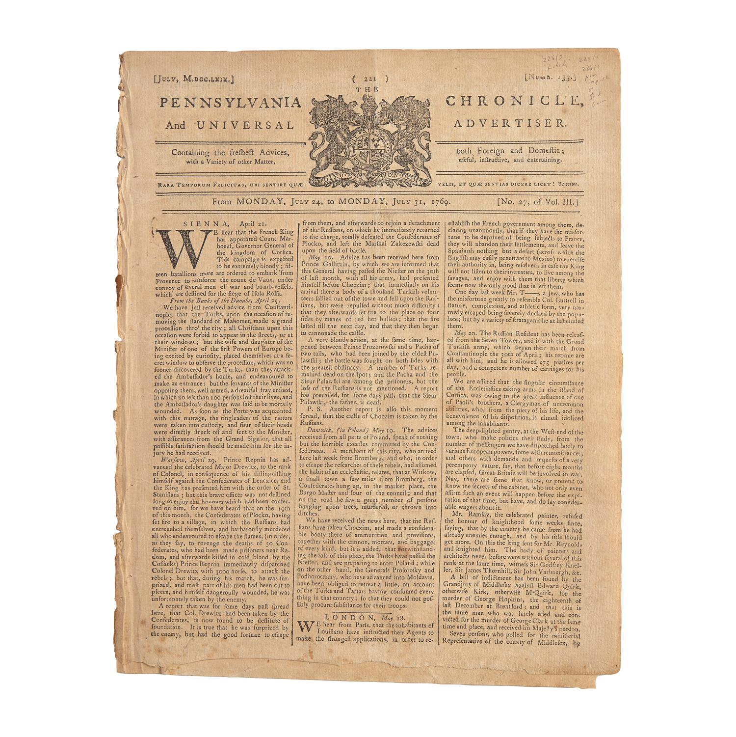 [American Revolution] The Pennsylvania Chronicle, and Universal Advertiser