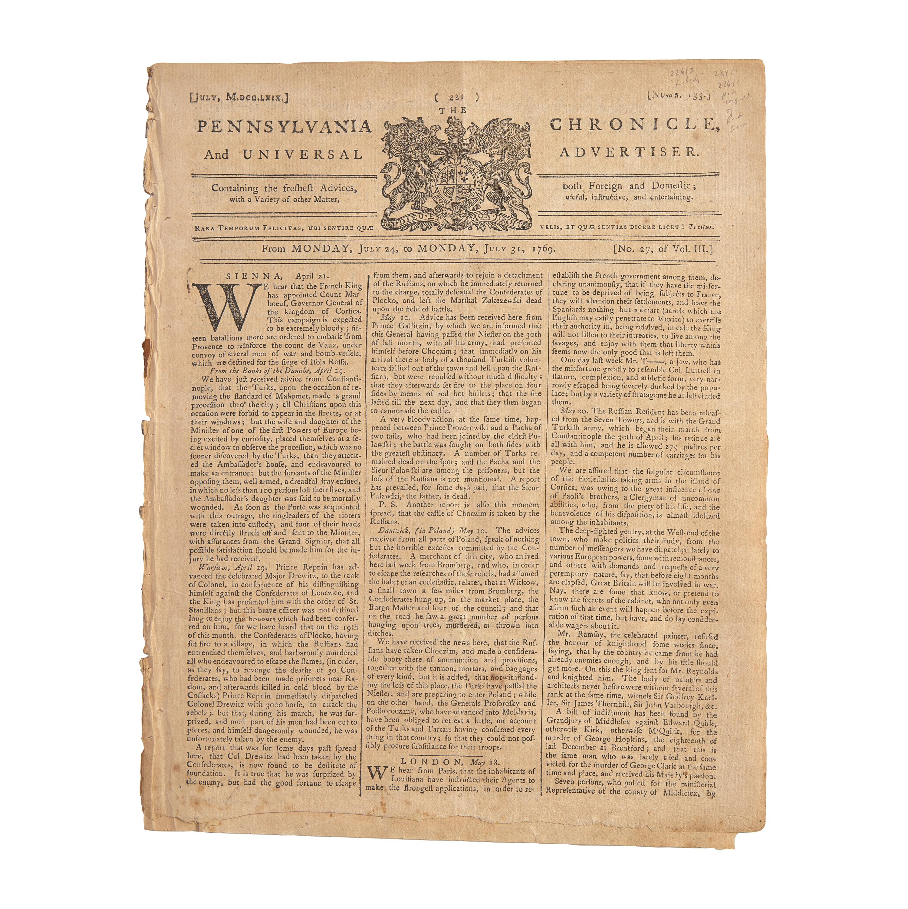 [American Revolution] The Pennsylvania Chronicle, and Universal Advertiser
