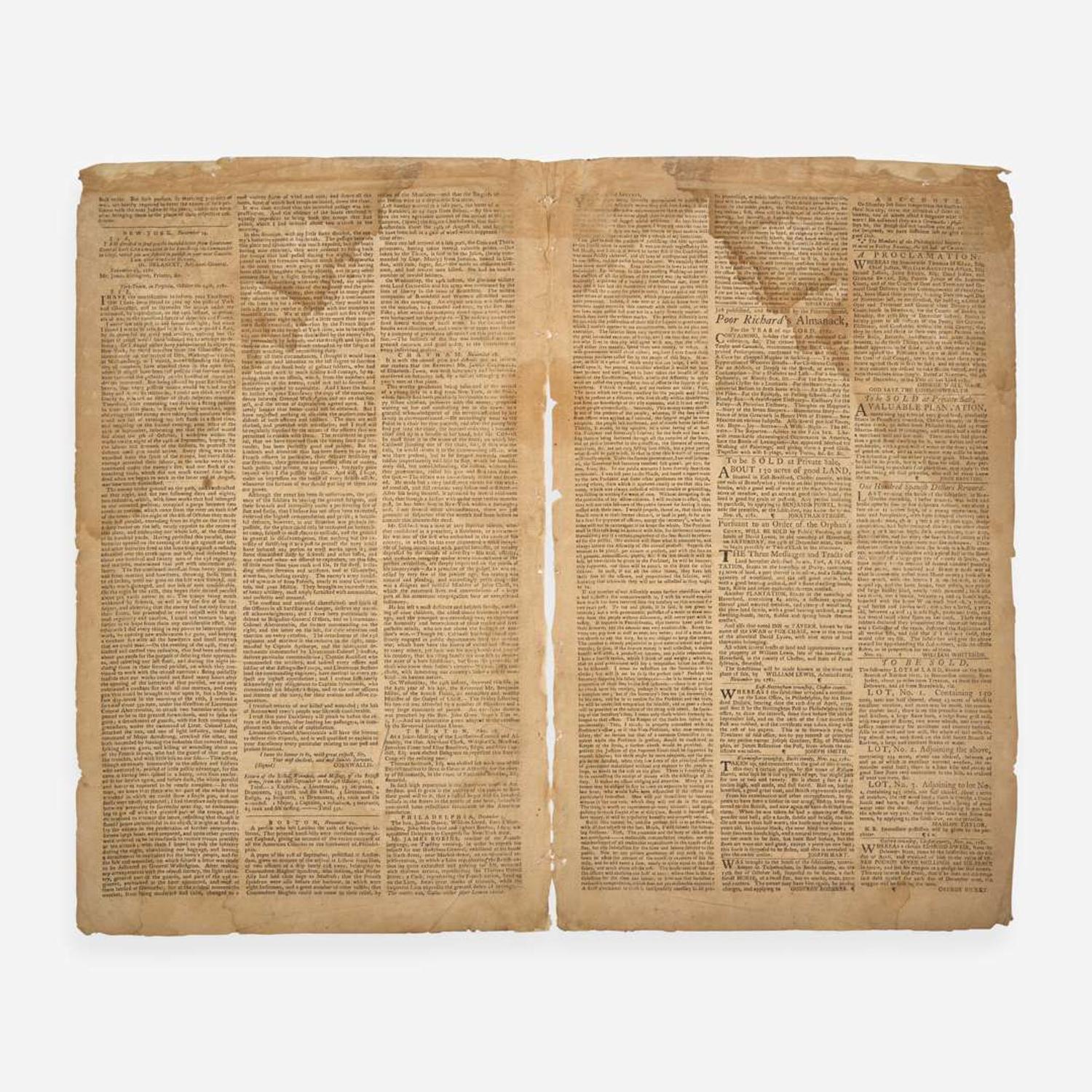 [American Revolution] [Cornwallis, Charles] The Pennsylvania Gazette, and Weekly Advertiser